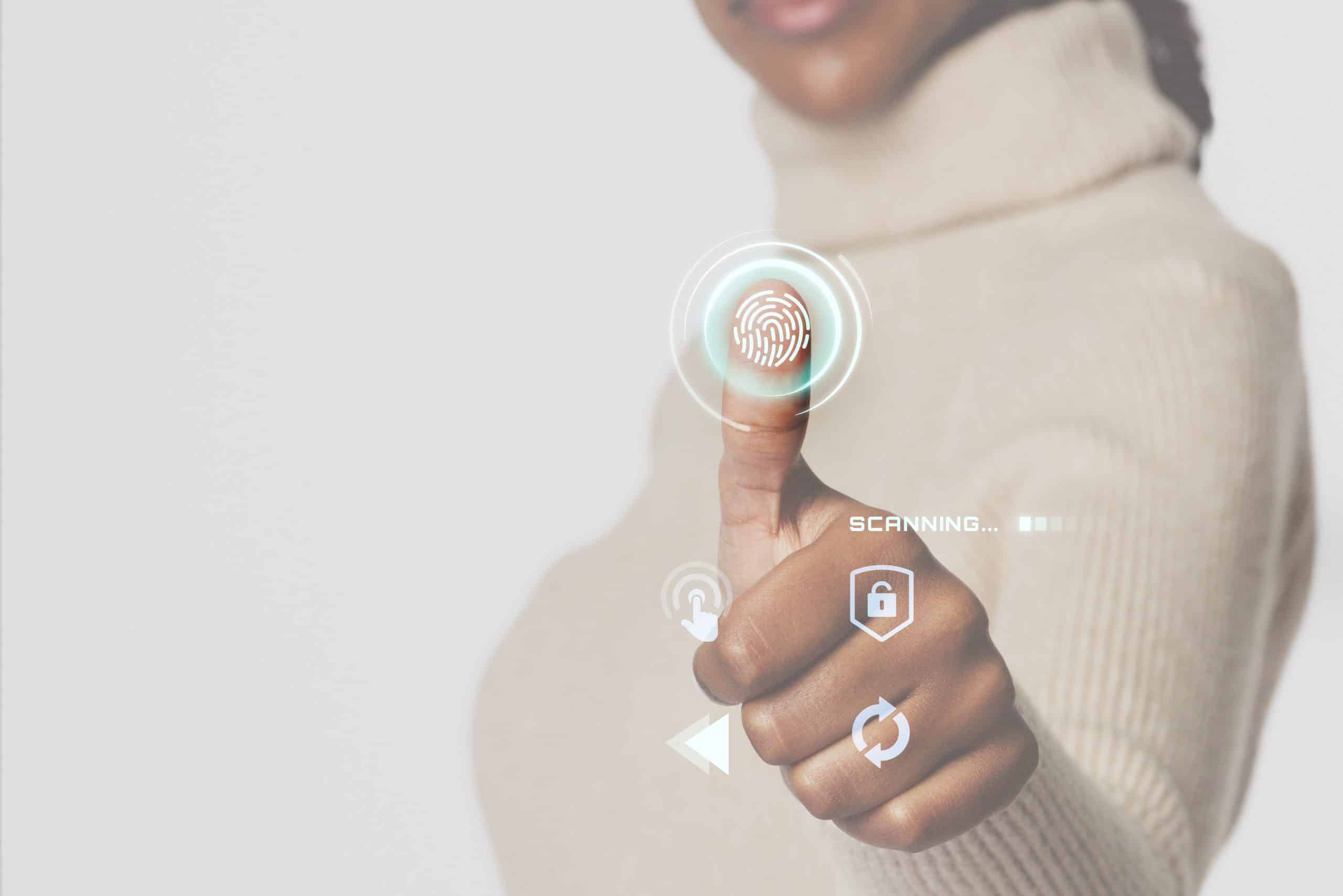 woman scanning fingerprint with futuristic interface smart techn